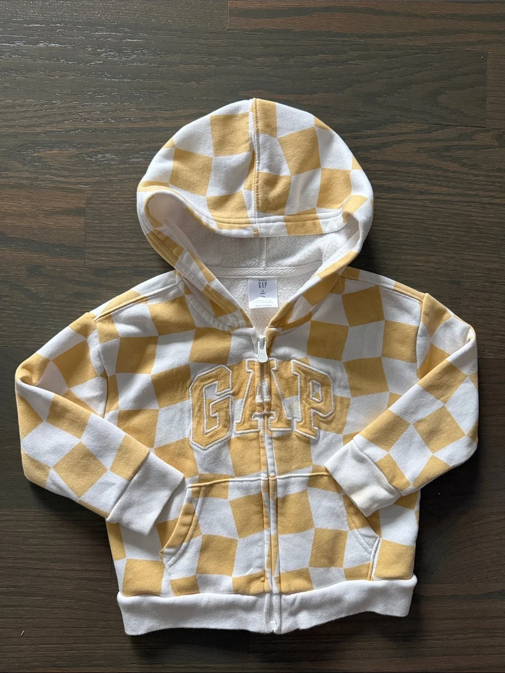 Baby Gap 3T Checkerboard Zip Hoodie Yellow White Logo